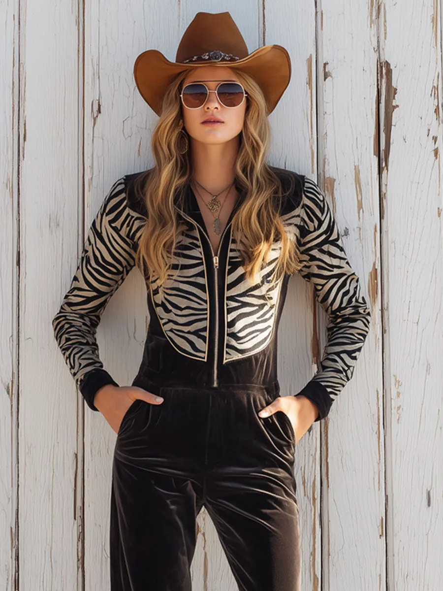 Western Retro Zebra Print Cocoa Brown Velvet Long Sleeve Wide Leg Jumpsuit sold by Oyrosy product image thumbnail 3