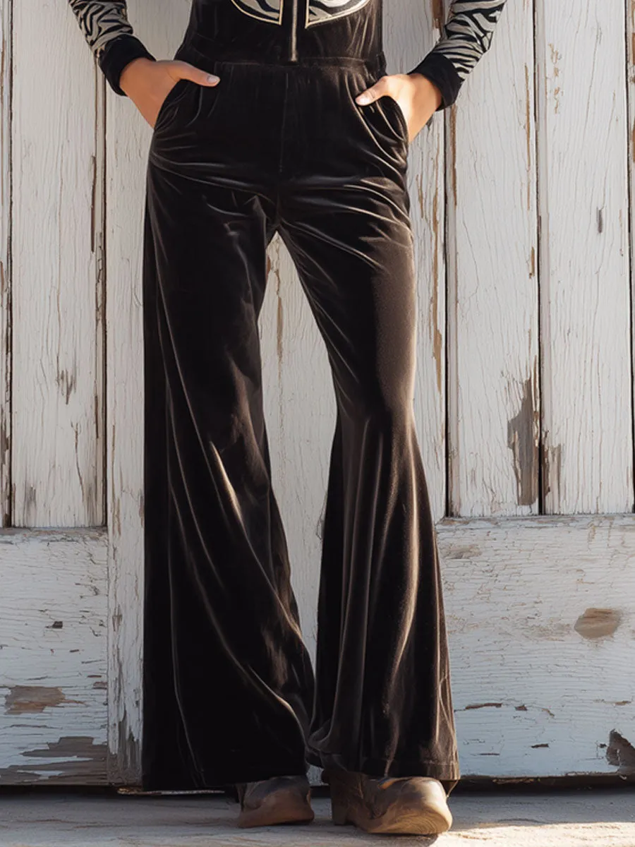 Western Retro Zebra Print Cocoa Brown Velvet Long Sleeve Wide Leg Jumpsuit sold by Oyrosy product image thumbnail 4