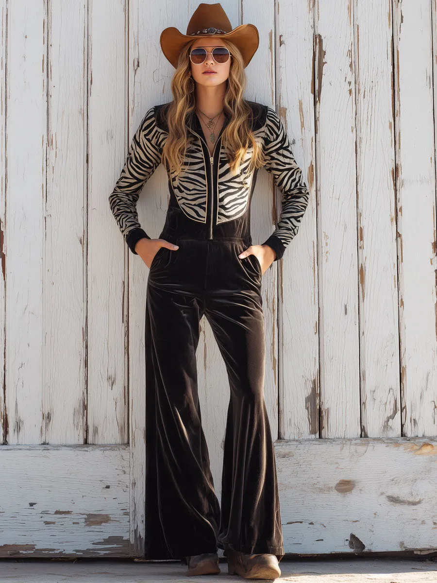 Western Retro Zebra Print Cocoa Brown Velvet Long Sleeve Wide Leg Jumpsuit sold by Oyrosy product image thumbnail 2