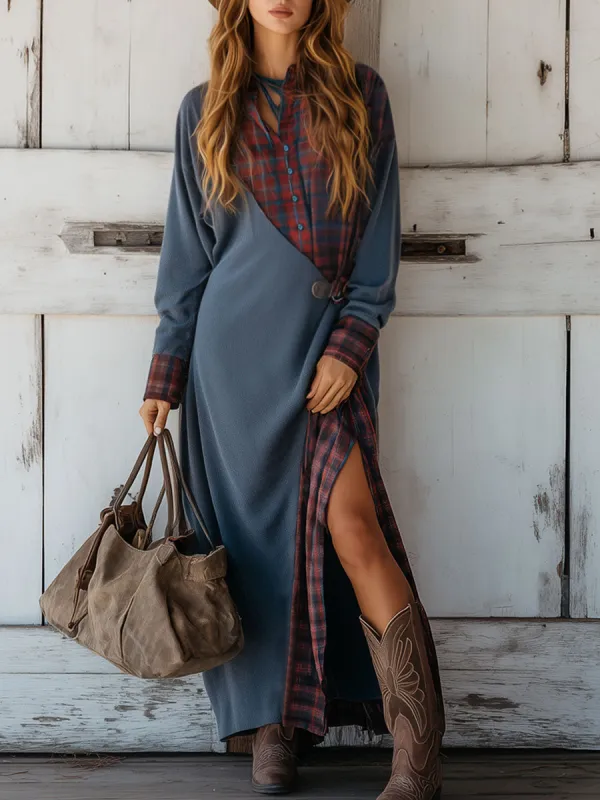 Western Retro Red Plaid Splicing Blue Sweatshirt Maxi Dress sold by Oyrosy