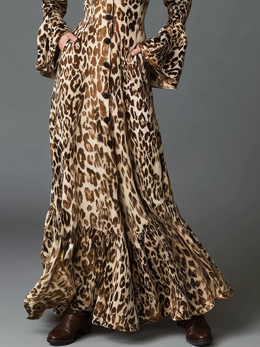 Vintage Leopard Print Khaki Velvet Lace-up Flared Long-sleeved Maxi Dress sold by Oyrosy product image thumbnail 4