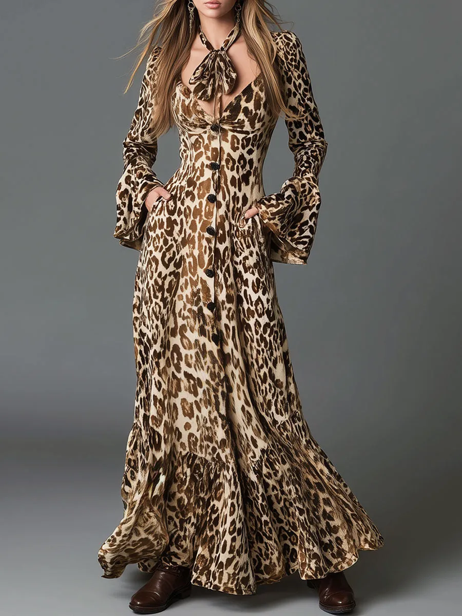 Vintage Leopard Print Khaki Velvet Lace-up Flared Long-sleeved Maxi Dress sold by Oyrosy