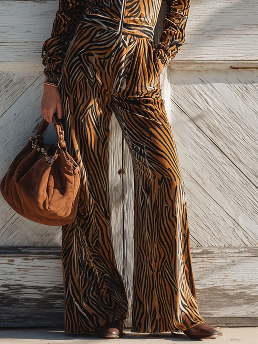 Western Retro Zebra Print Orange Velvet Zipper Sweatshirt Wide-Leg Pants Set sold by Oyrosy product image thumbnail 4