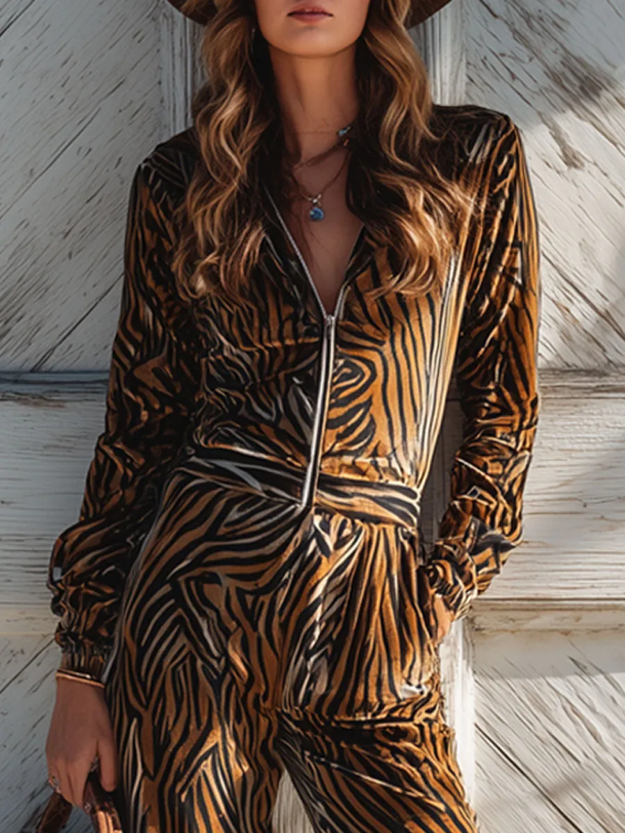 Western Retro Zebra Print Orange Velvet Zipper Sweatshirt Wide-Leg Pants Set sold by Oyrosy product image thumbnail 3