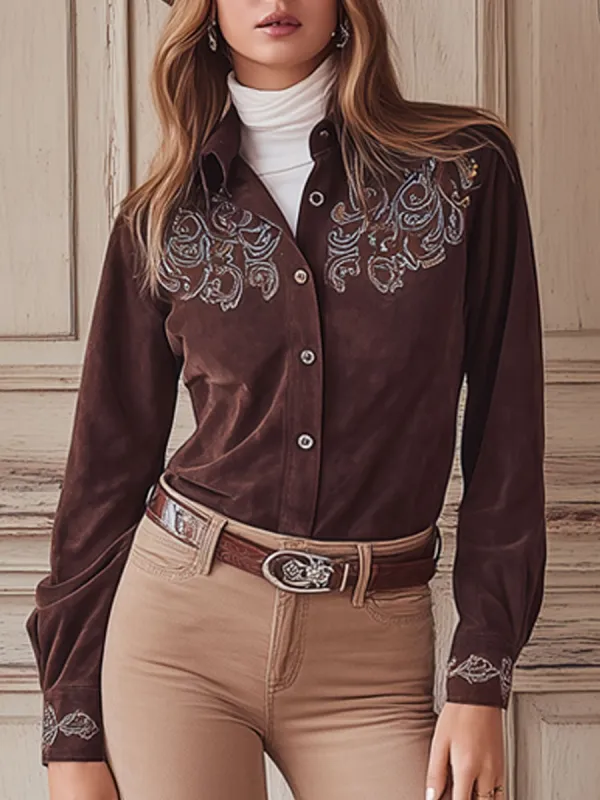 Casual Retro Red And Brown Faux Suede Embroidered Long Sleeve Shirt sold by Oyrosy