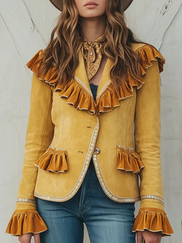 Western Vintage Yellow Faux Suede Ruffle Blazer sold by Oyrosy