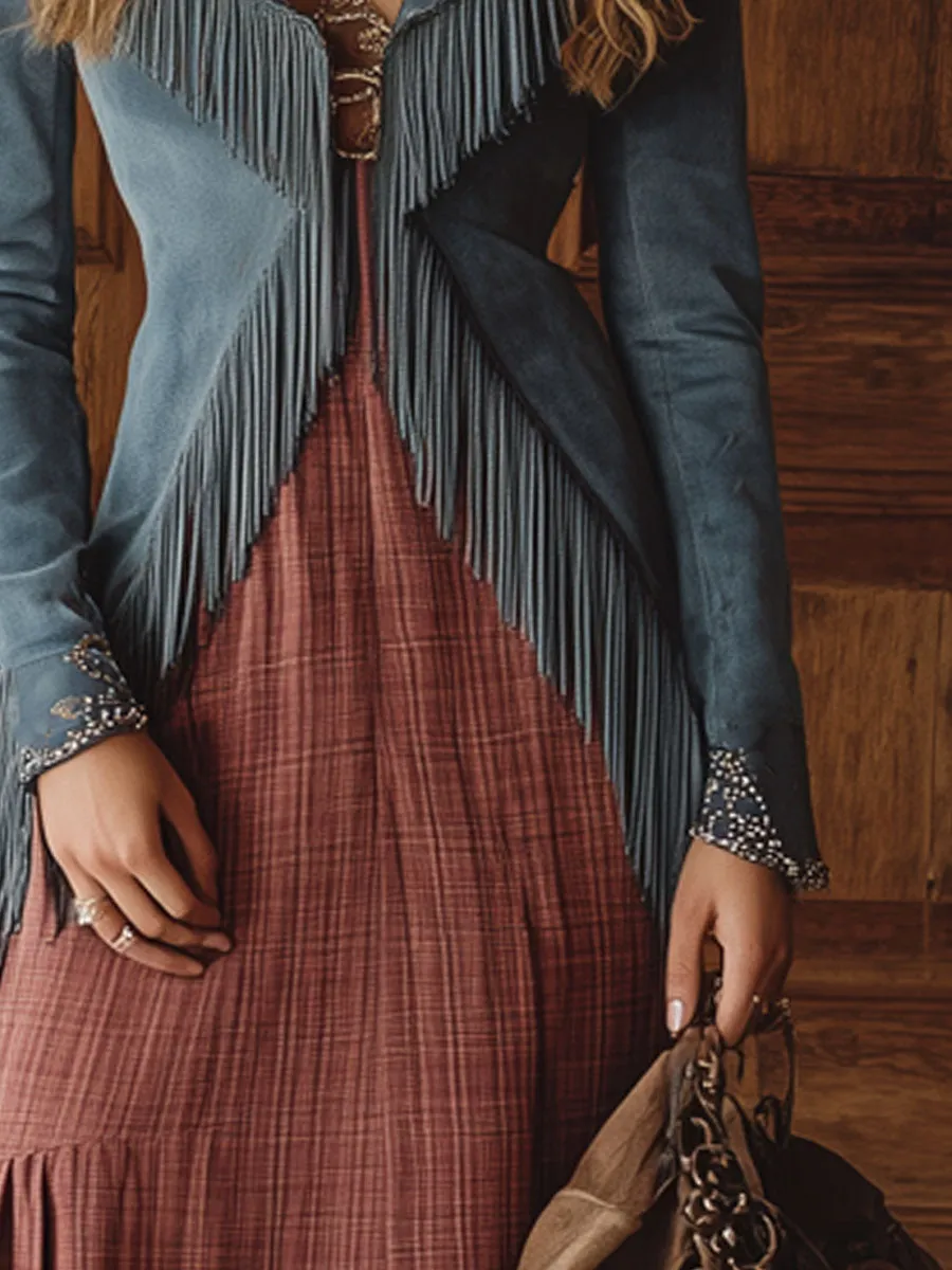 Western Vintage Blue Faux Suede Embroidered Tassel Cardigan Jacket sold by Oyrosy product image thumbnail 4