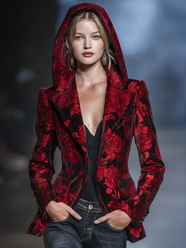 Retro Elegant Rose Print Hooded Velvet Blazer sold by Oyrosy