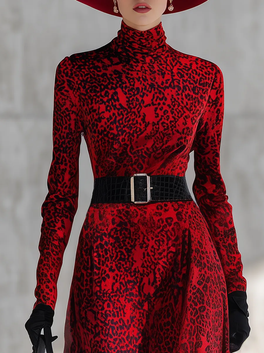 Vintage Leopard Print Stand Collar Long Sleeve Velvet Dress sold by Oyrosy product image thumbnail 4