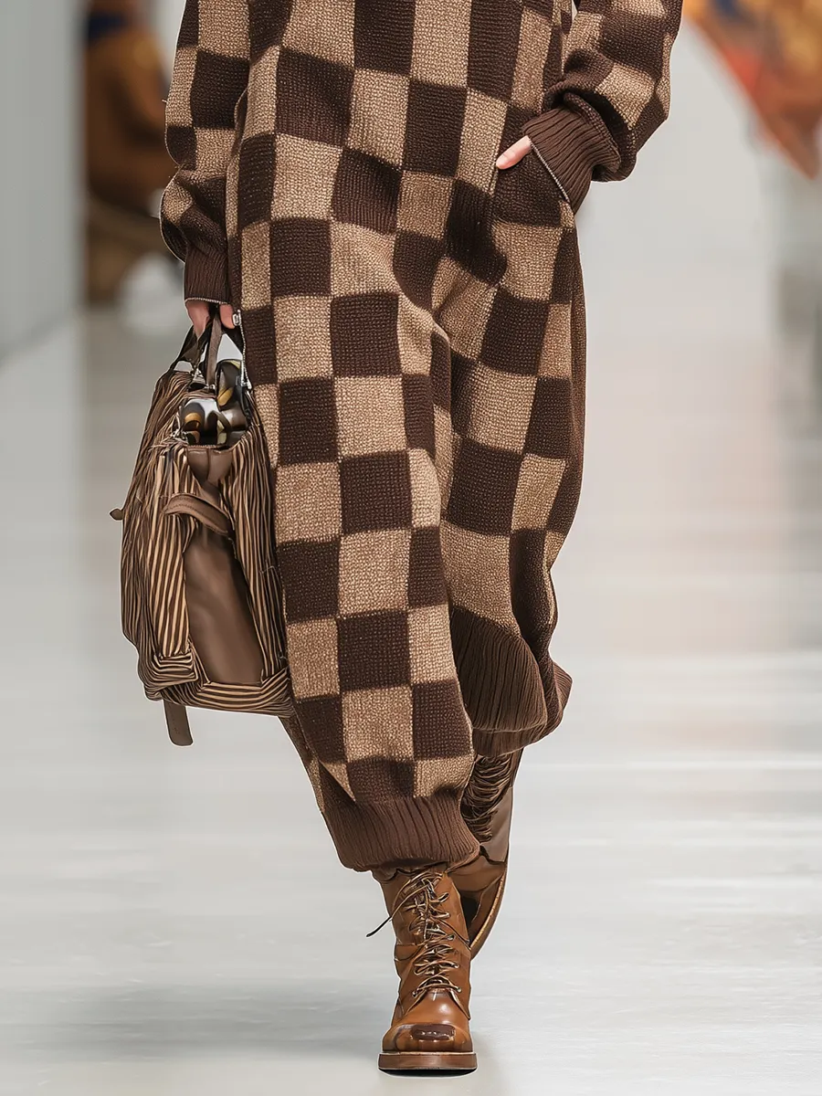 Retro Stand-up Collar Checkerboard Knitted Maxi Dress sold by Oyrosy product image thumbnail 4