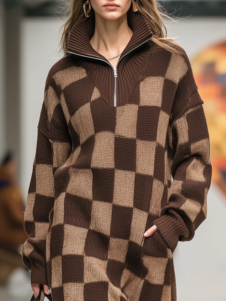 Retro Stand-up Collar Checkerboard Knitted Maxi Dress sold by Oyrosy product image thumbnail 3