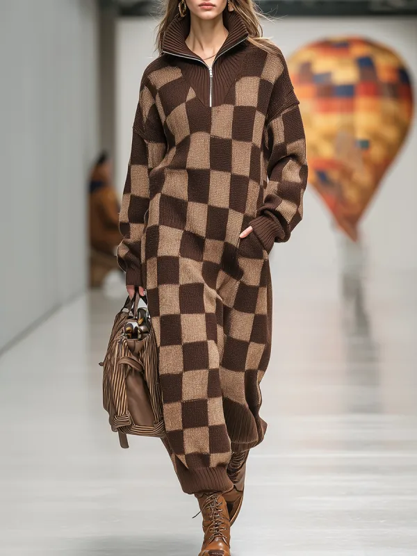 Retro Stand-up Collar Checkerboard Knitted Maxi Dress sold by Oyrosy