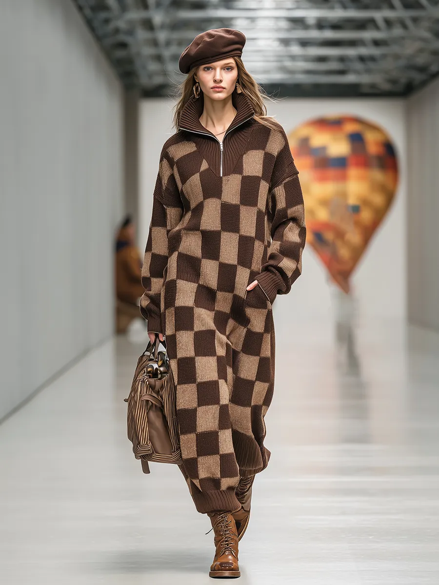 Retro Stand-up Collar Checkerboard Knitted Maxi Dress sold by Oyrosy product image thumbnail 2