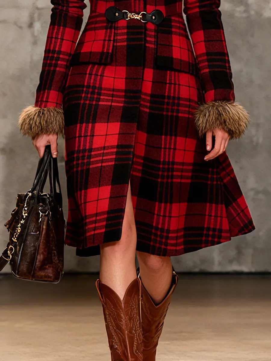 Vintage Faux Fur Collar Plaid Hooded Woolen Coat sold by Oyrosy product image thumbnail 4