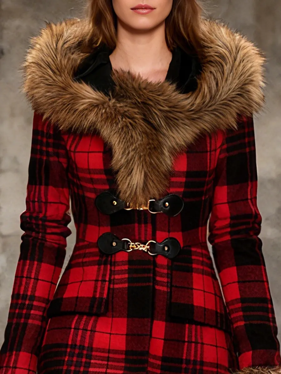 Vintage Faux Fur Collar Plaid Hooded Woolen Coat sold by Oyrosy product image thumbnail 3