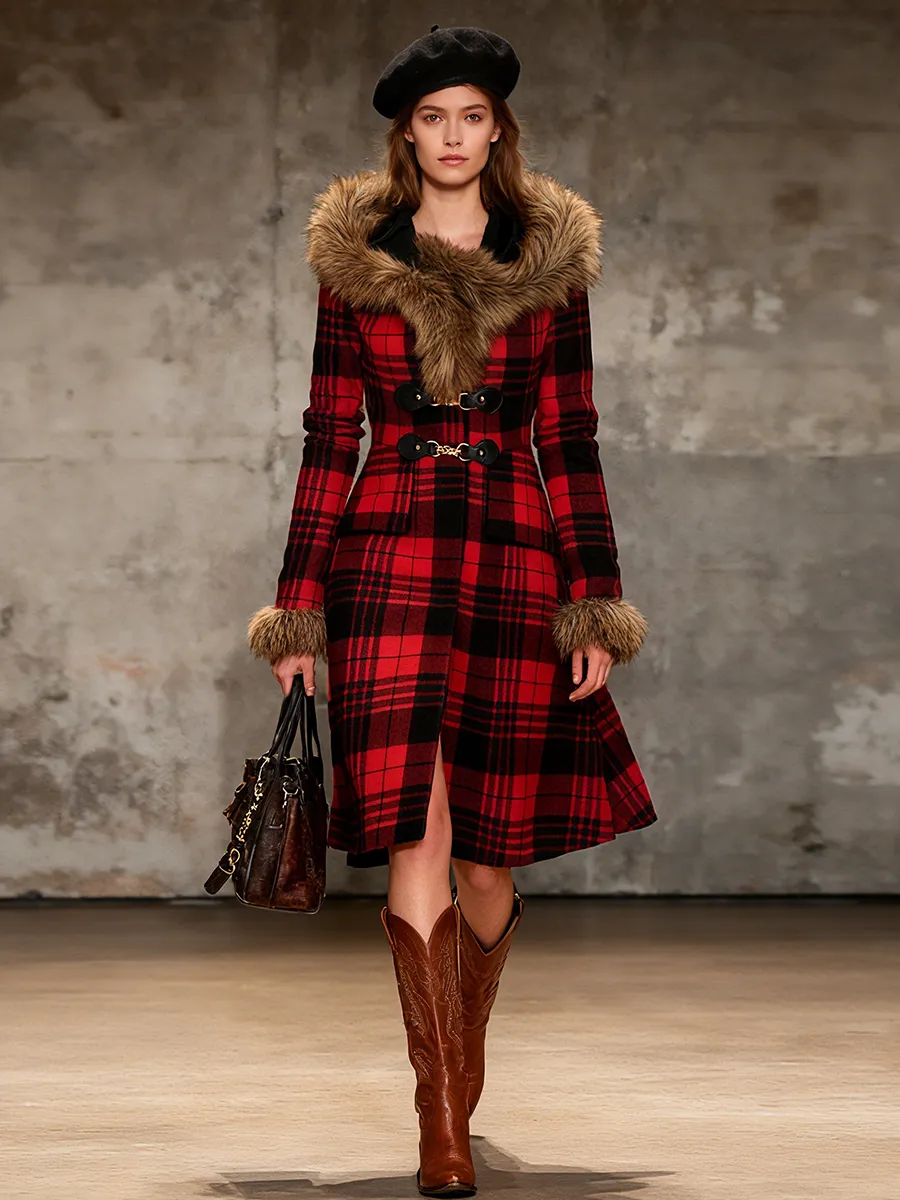 Vintage Faux Fur Collar Plaid Hooded Woolen Coat sold by Oyrosy product image thumbnail 2