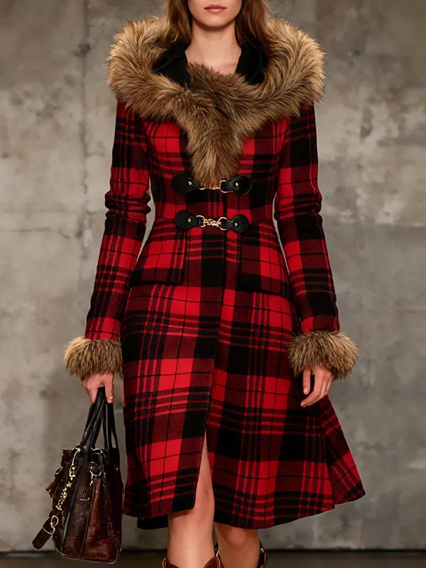 Vintage Faux Fur Collar Plaid Hooded Woolen Coat sold by Oyrosy