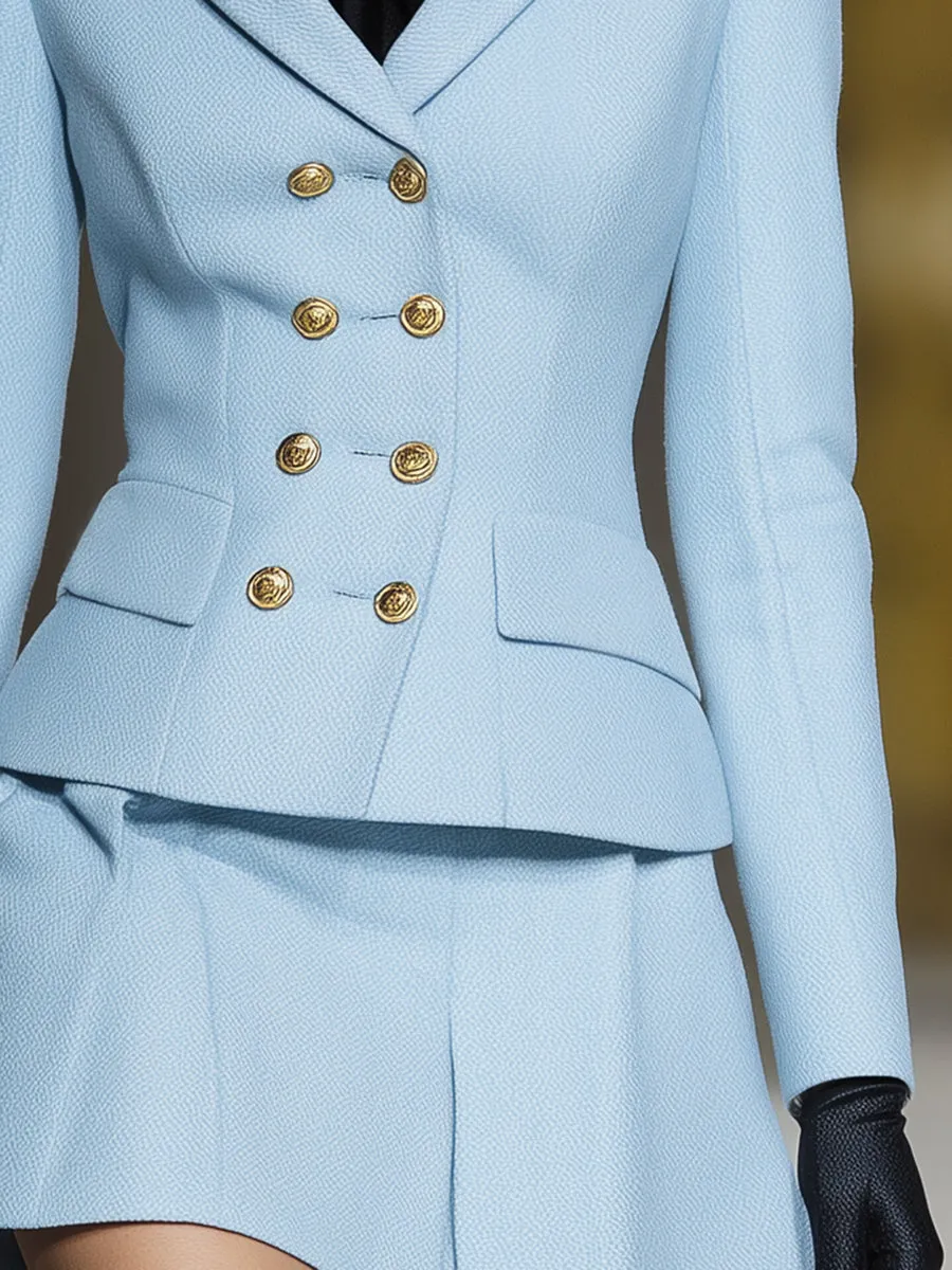 Elegant blue short double-breasted jacket and skirt set sold by Oyrosy product image thumbnail 4