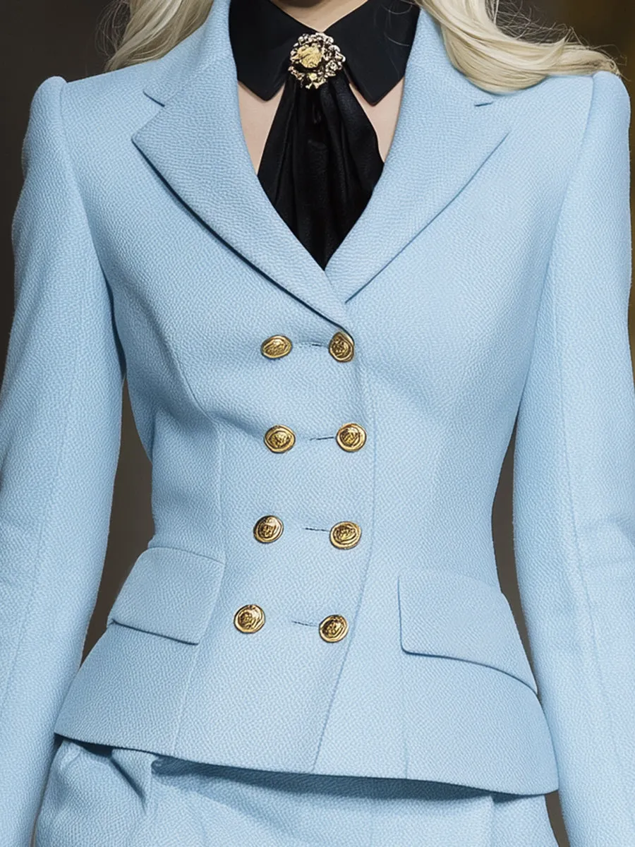 Elegant blue short double-breasted jacket and skirt set sold by Oyrosy product image thumbnail 3