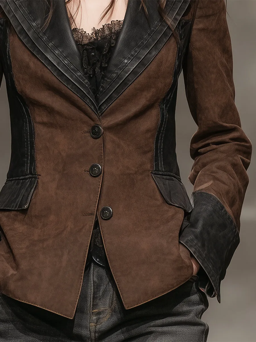 Fashionable Brown Faux Suede And Faux PU Button Blazer sold by Oyrosy product image thumbnail 4