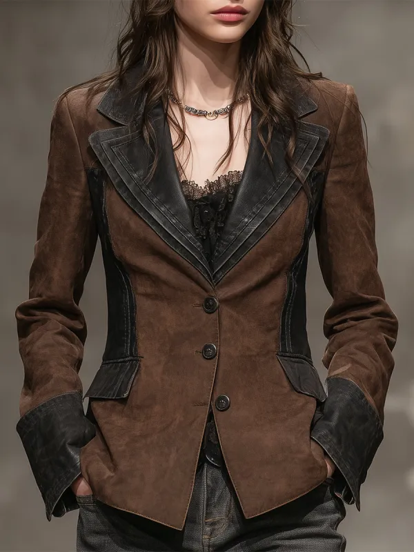 Fashionable Brown Faux Suede And Faux PU Button Blazer sold by Oyrosy