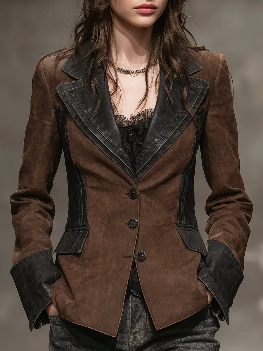 Fashionable Brown Faux Suede And Faux PU Button Blazer sold by Oyrosy