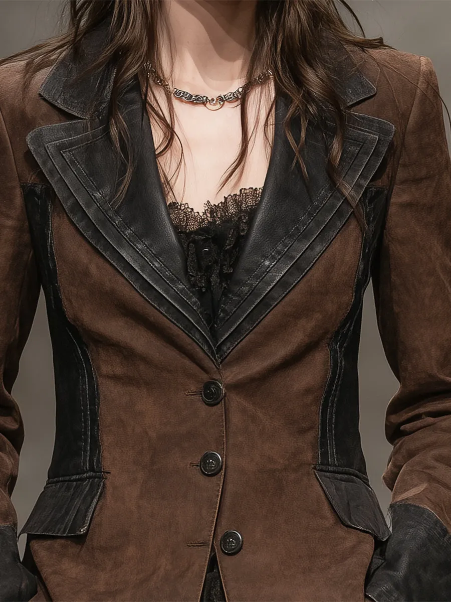 Fashionable Brown Faux Suede And Faux PU Button Blazer sold by Oyrosy product image thumbnail 3