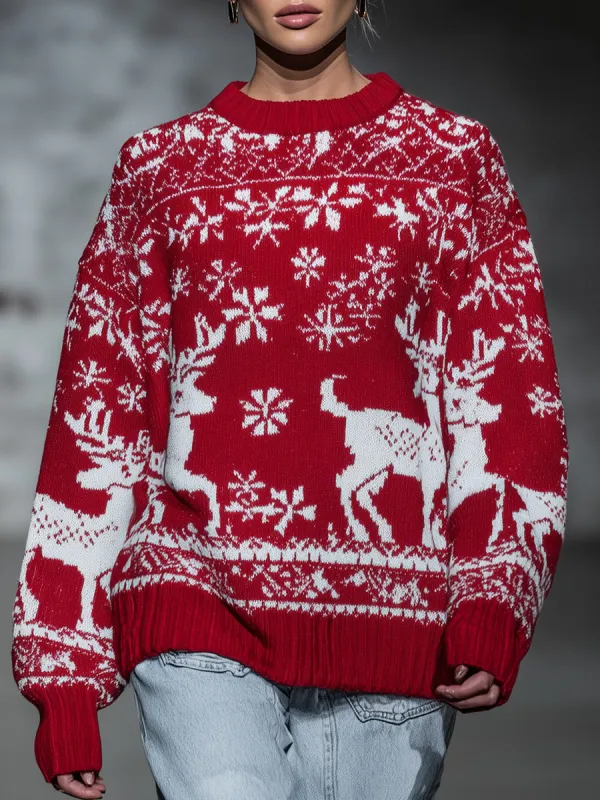 Christmas Element Round Neck Red Sweater sold by Oyrosy