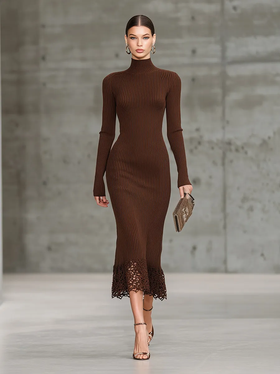Fashionable And Elegant Brown Skirt Spliced lace Miid Dress sold by Oyrosy product image thumbnail 2