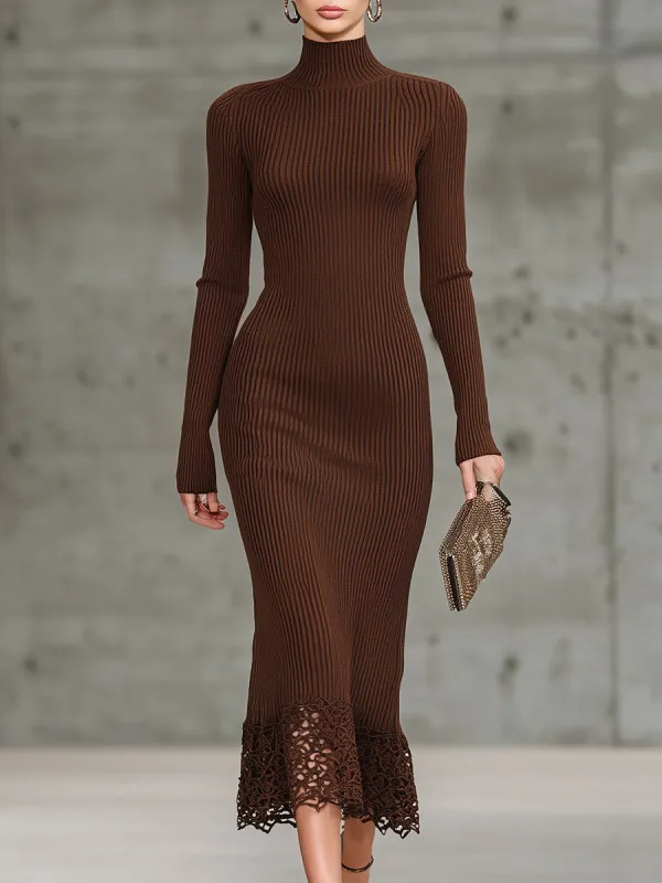 Fashionable And Elegant Brown Skirt Spliced lace Miid Dress sold by Oyrosy
