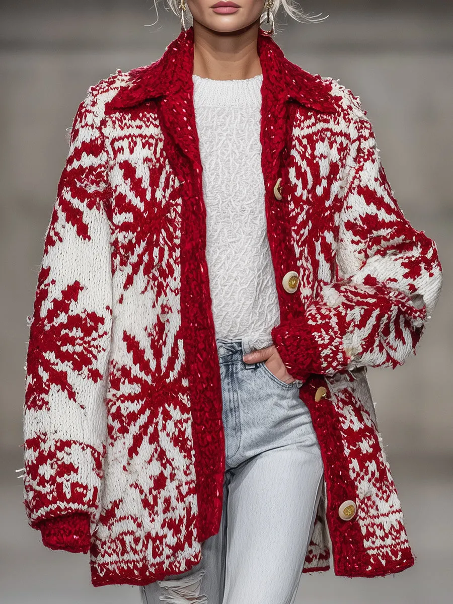Christmas Snowflake Red Knitted Cardigan sold by Oyrosy
