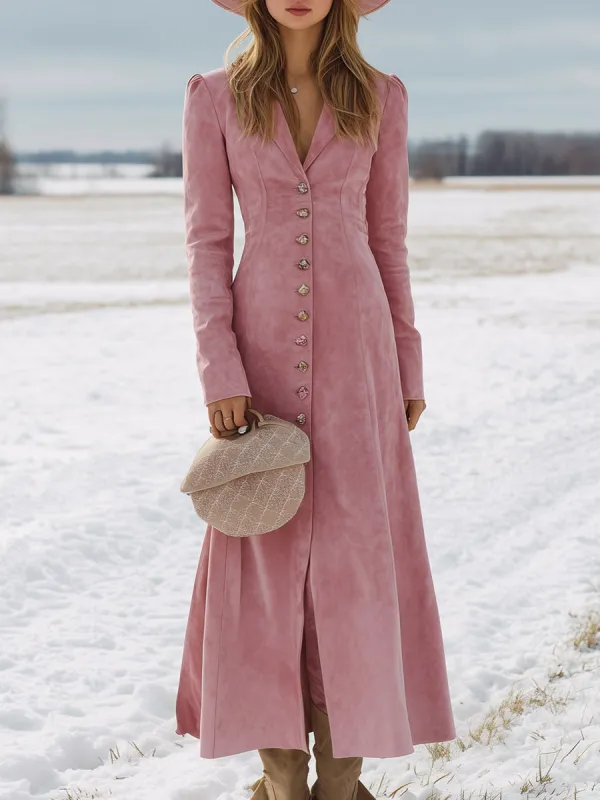 Western Pink Faux Suede Button-down Maxi Dress sold by Oyrosy