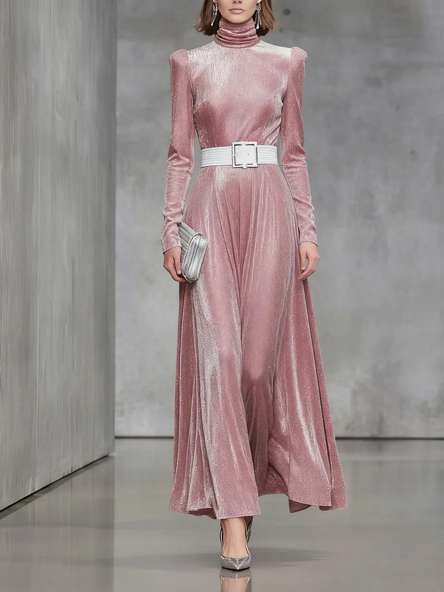 Fashion Pink Snowflake Gold High Collar Maxi Dress sold by Oyrosy