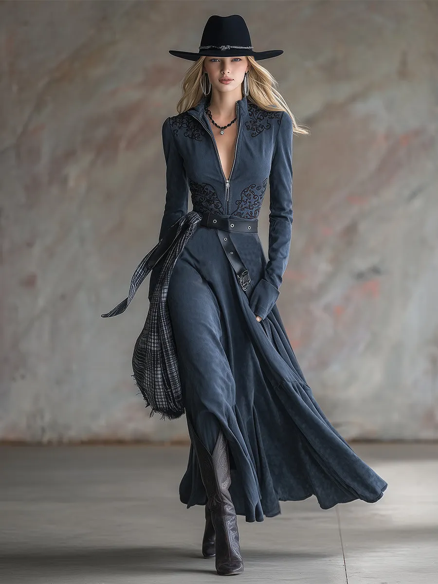 Vintage Western Embroidered Blue Faux Suede Half-Zip Maxi Dress sold by Oyrosy product image thumbnail 2