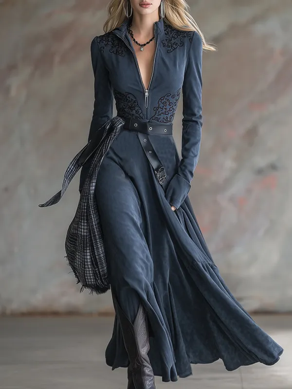 Vintage Western Embroidered Blue Faux Suede Half-Zip Maxi Dress sold by Oyrosy