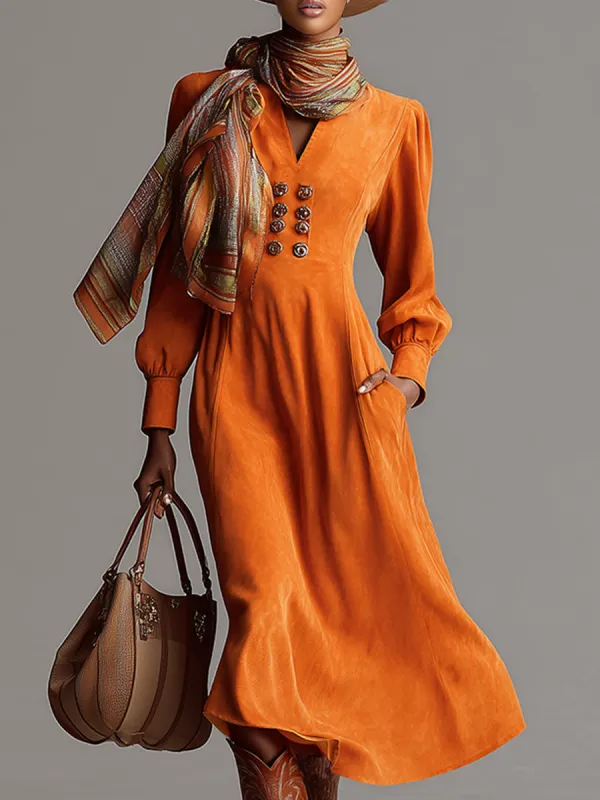 Fashionable Urban V-neck Orange Faux Suede Midi Dress sold by Oyrosy