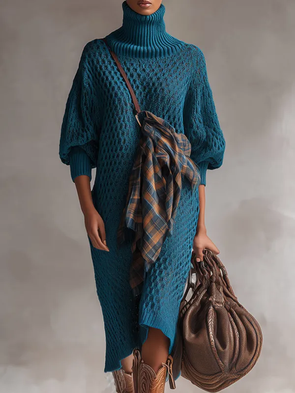 Trendy Retro Peacock Blue Turtleneck Textured Knit Midi Dress sold by Oyrosy