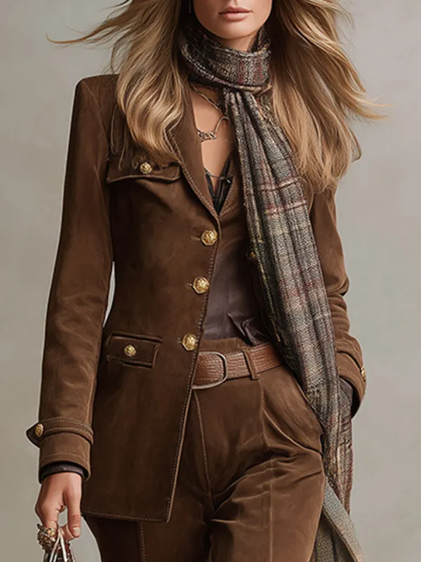 Elegant Urban Brown Faux Suede Button-Down Blazer sold by Oyrosy