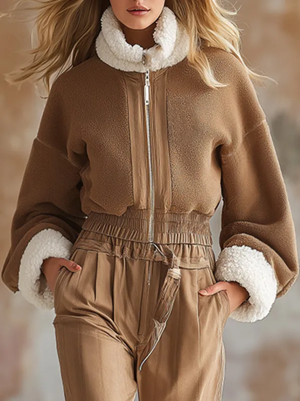 Stylish Urban Brown Polar Fleece Zip-Front Jacket sold by Oyrosy