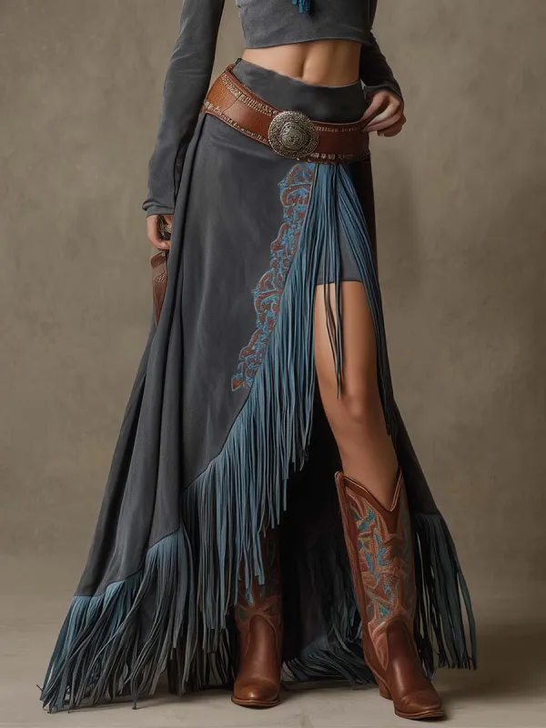 Vintage Western Embroidery Tassel Blue-Gray High Slit Long Skirt sold by Oyrosy