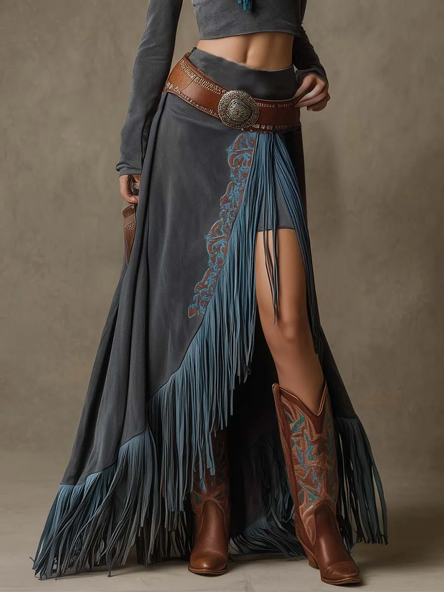 Vintage Western Embroidery Tassel Blue-Gray High Slit Long Skirt sold by Oyrosy