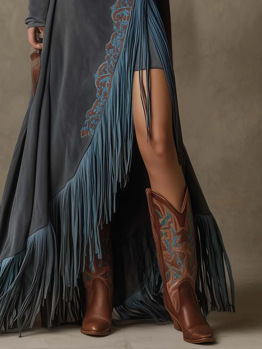 Vintage Western Embroidery Tassel Blue-Gray High Slit Long Skirt sold by Oyrosy product image thumbnail 3