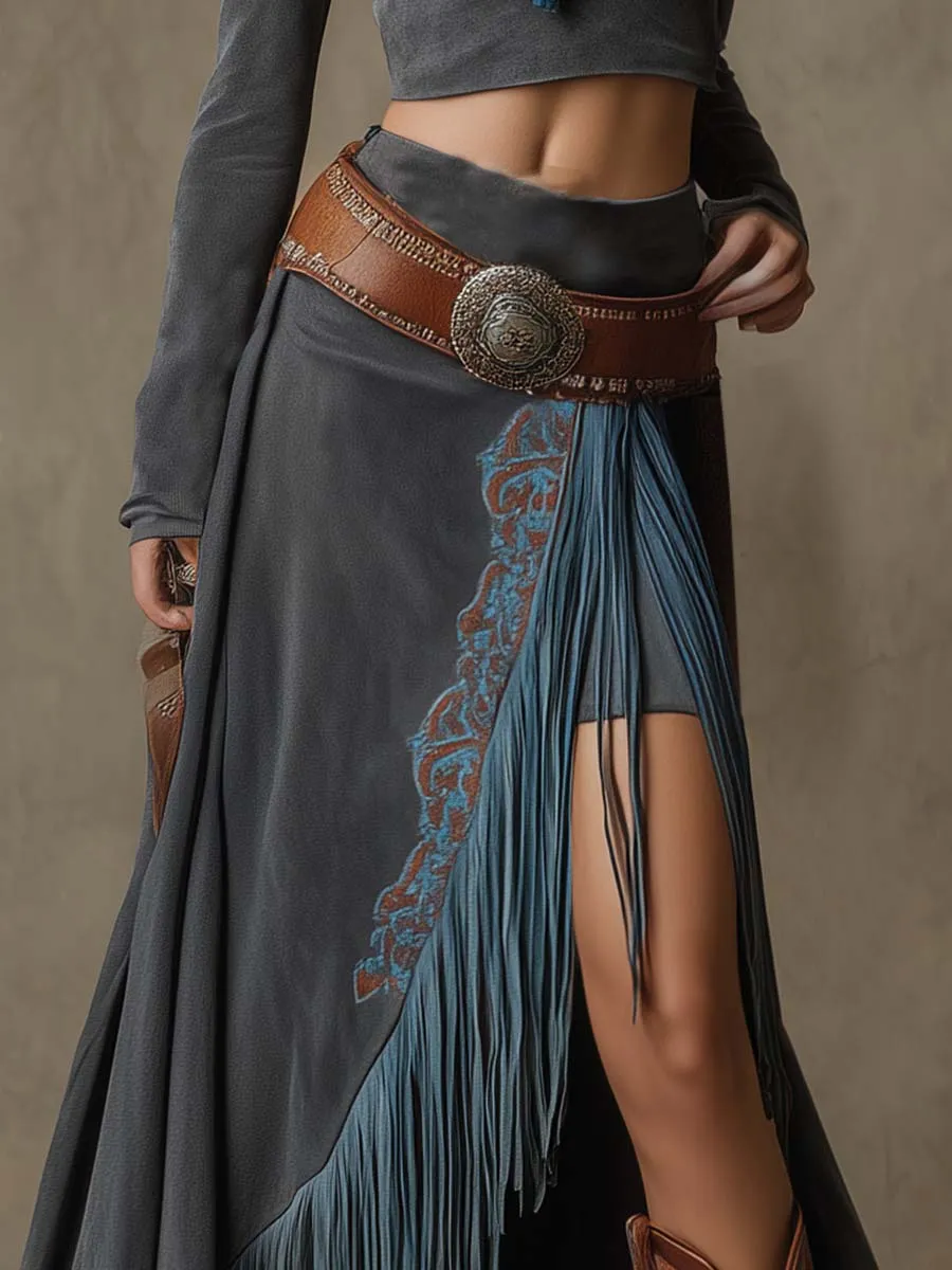 Vintage Western Embroidery Tassel Blue-Gray High Slit Long Skirt sold by Oyrosy product image thumbnail 4