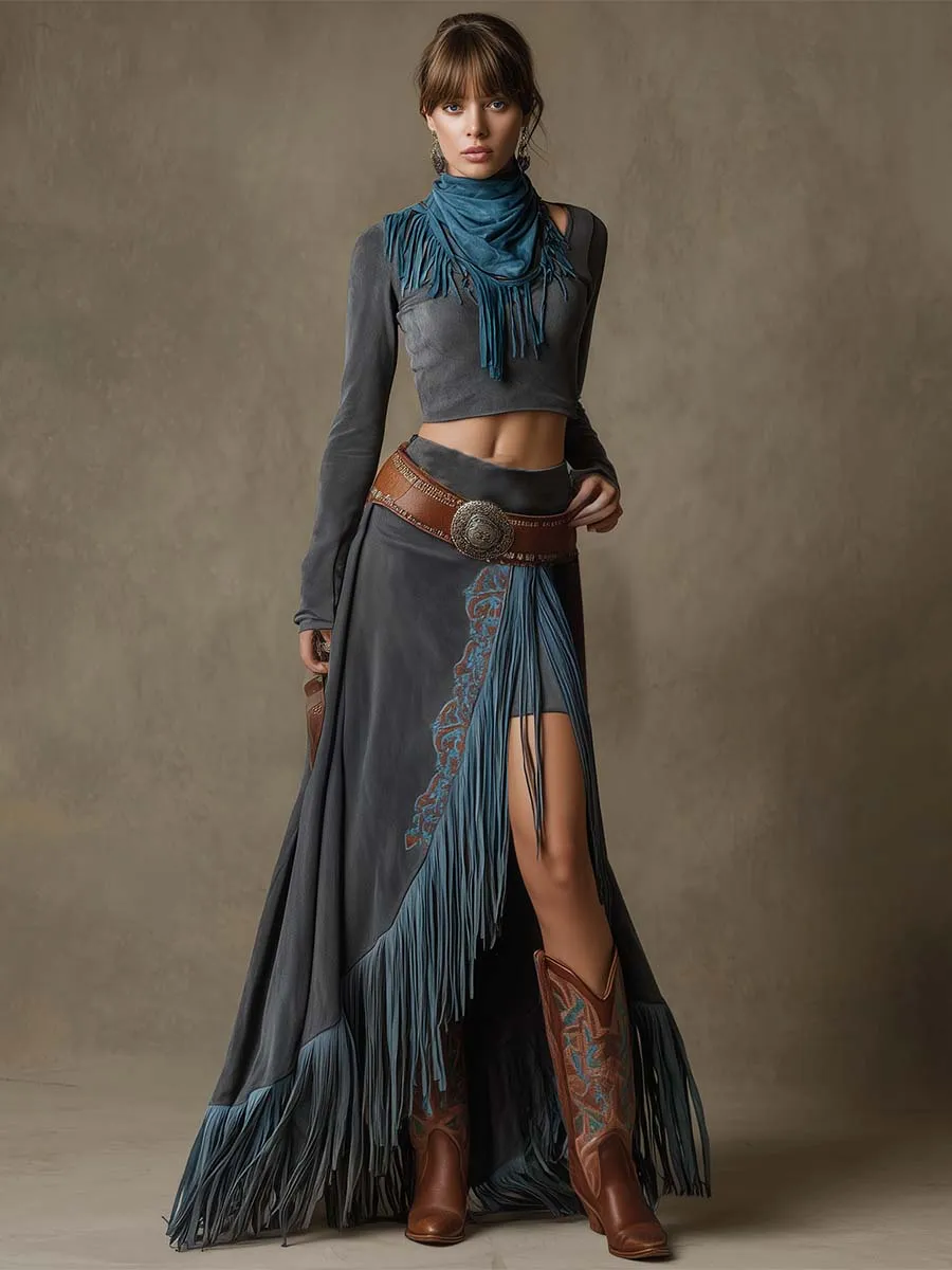 Vintage Western Embroidery Tassel Blue-Gray High Slit Long Skirt sold by Oyrosy product image thumbnail 2