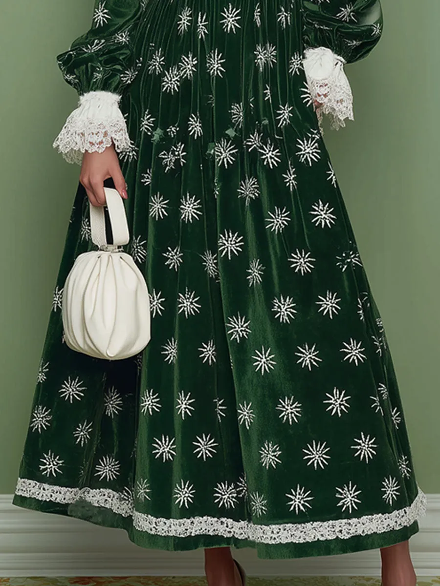 V-neck Lace Long-sleeved Snowflake Print Maxi Dress sold by Oyrosy product image thumbnail 3