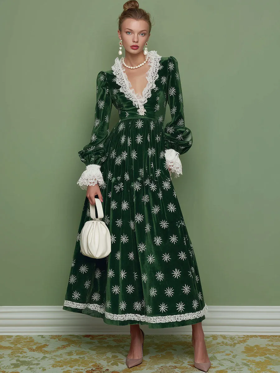 V-neck Lace Long-sleeved Snowflake Print Maxi Dress sold by Oyrosy product image thumbnail 4