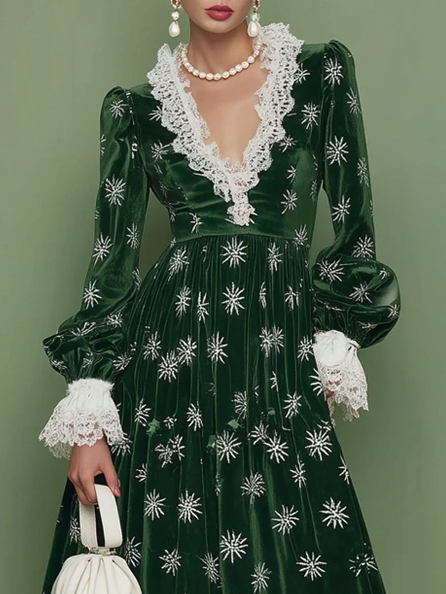 V-neck Lace Long-sleeved Snowflake Print Maxi Dress sold by Oyrosy product image thumbnail 2