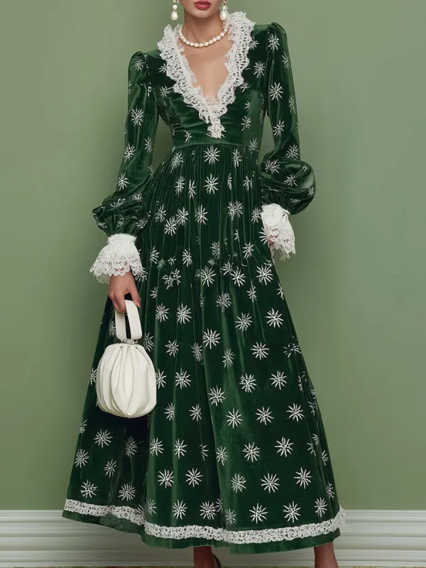 V-neck Lace Long-sleeved Snowflake Print Maxi Dress made by Oyrosy