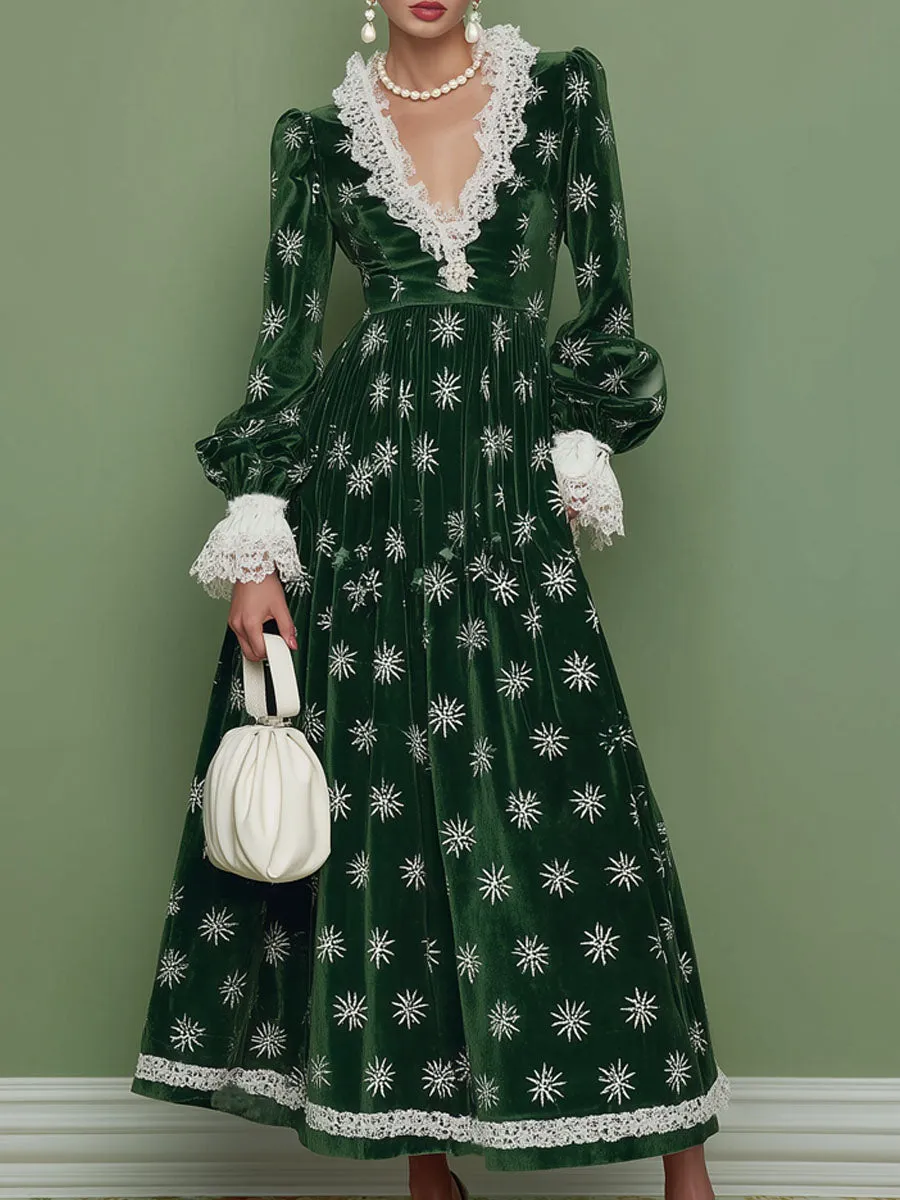 V-neck Lace Long-sleeved Snowflake Print Maxi Dress sold by Oyrosy