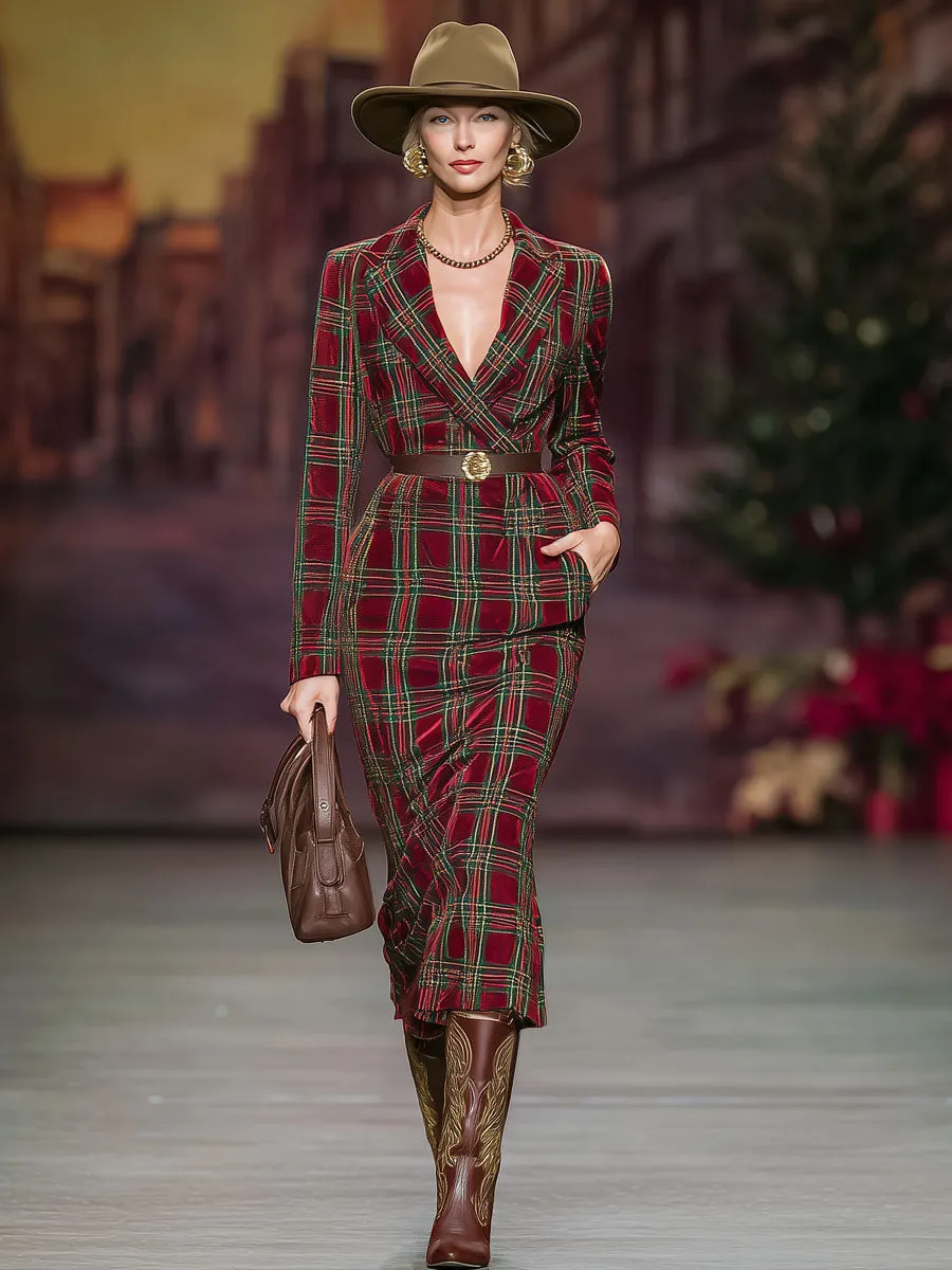 Lapel Double Pocket Plaid Silver Velvet Midi Dress sold by Oyrosy product image thumbnail 4